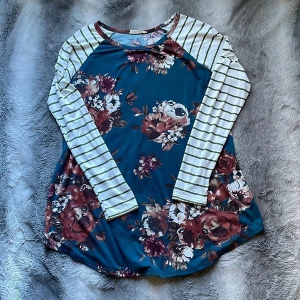 MODERN SOUL LONG SLEEVE STRIPE SLEEVE FALL FLORAL TUNIC‎ TOP MEDIUM LARGE